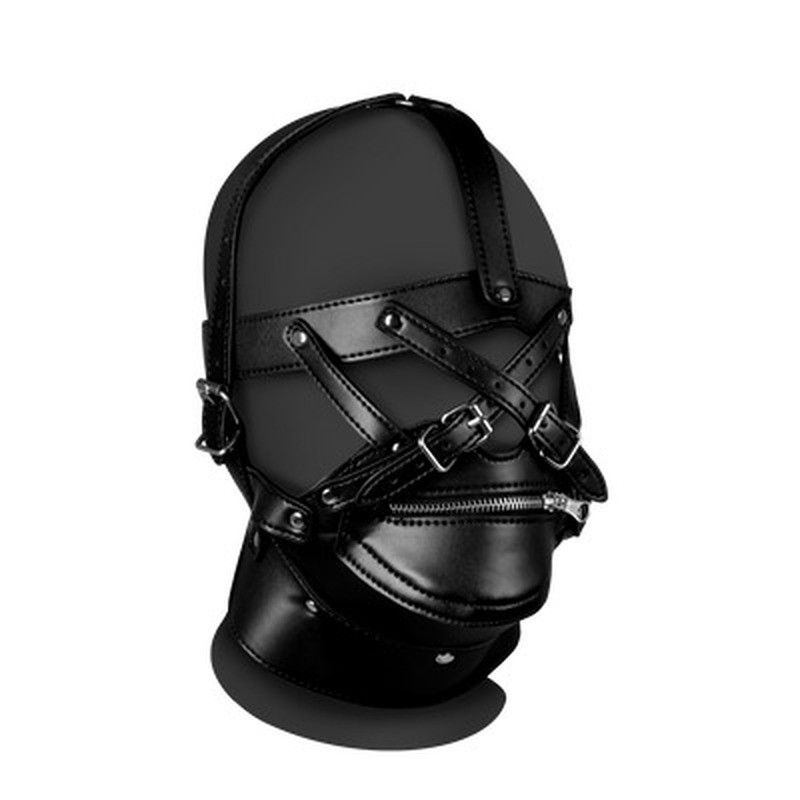 HEAD HARNESS WITH ZIP-UP MOUTH AND LOCK - BLACK