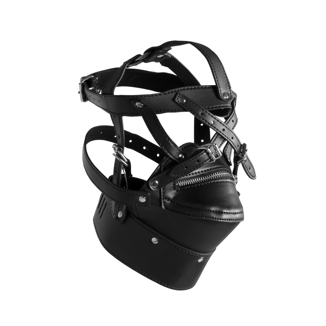 HEAD HARNESS WITH ZIP-UP MOUTH AND LOCK - BLACK