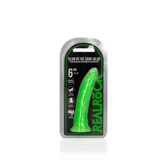 SLIM REALISTIC DILDO WITH SUCTION CUP - GLOW IN THE DARK - 6&#039;&#039; / 15,5 CM