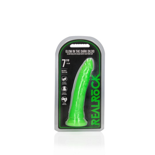 SLIM REALISTIC DILDO WITH SUCTION CUP - GLOW IN THE DARK - 7\&#039;\&#039; / 18 CM