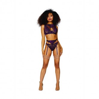 WOMEN'S LACE AND MESH 3 PIECE SET - AUBERGINE