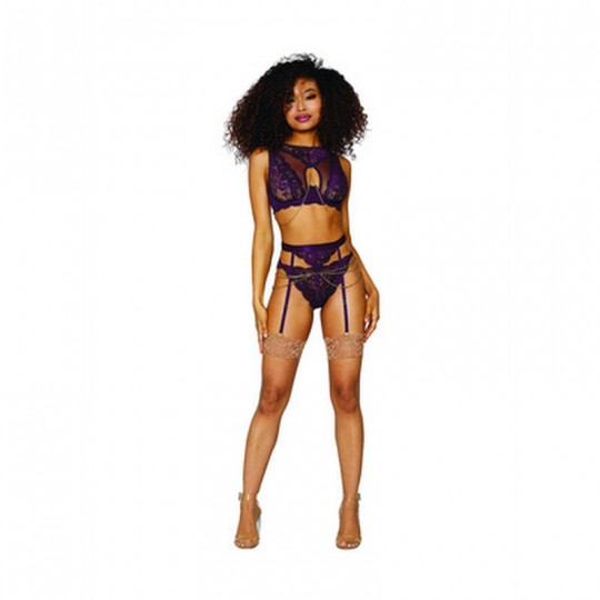 WOMEN&#039;S LACE AND MESH 3 PIECE SET - AUBERGINE