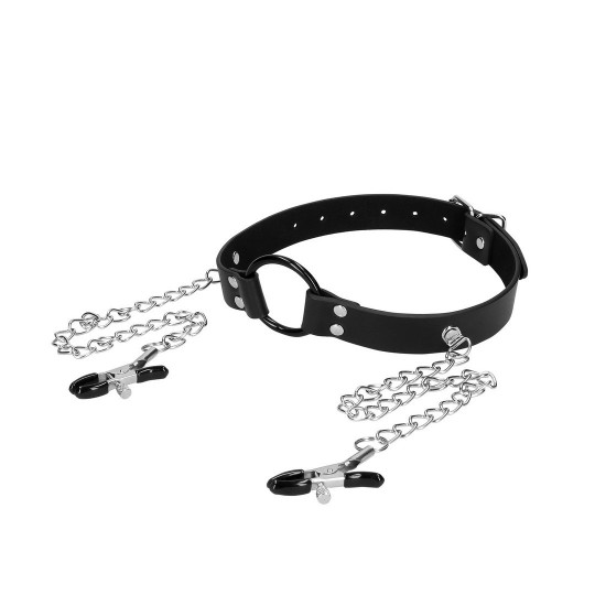 O-RING GAG WITH NIPPLE CLAMPS - BLACK