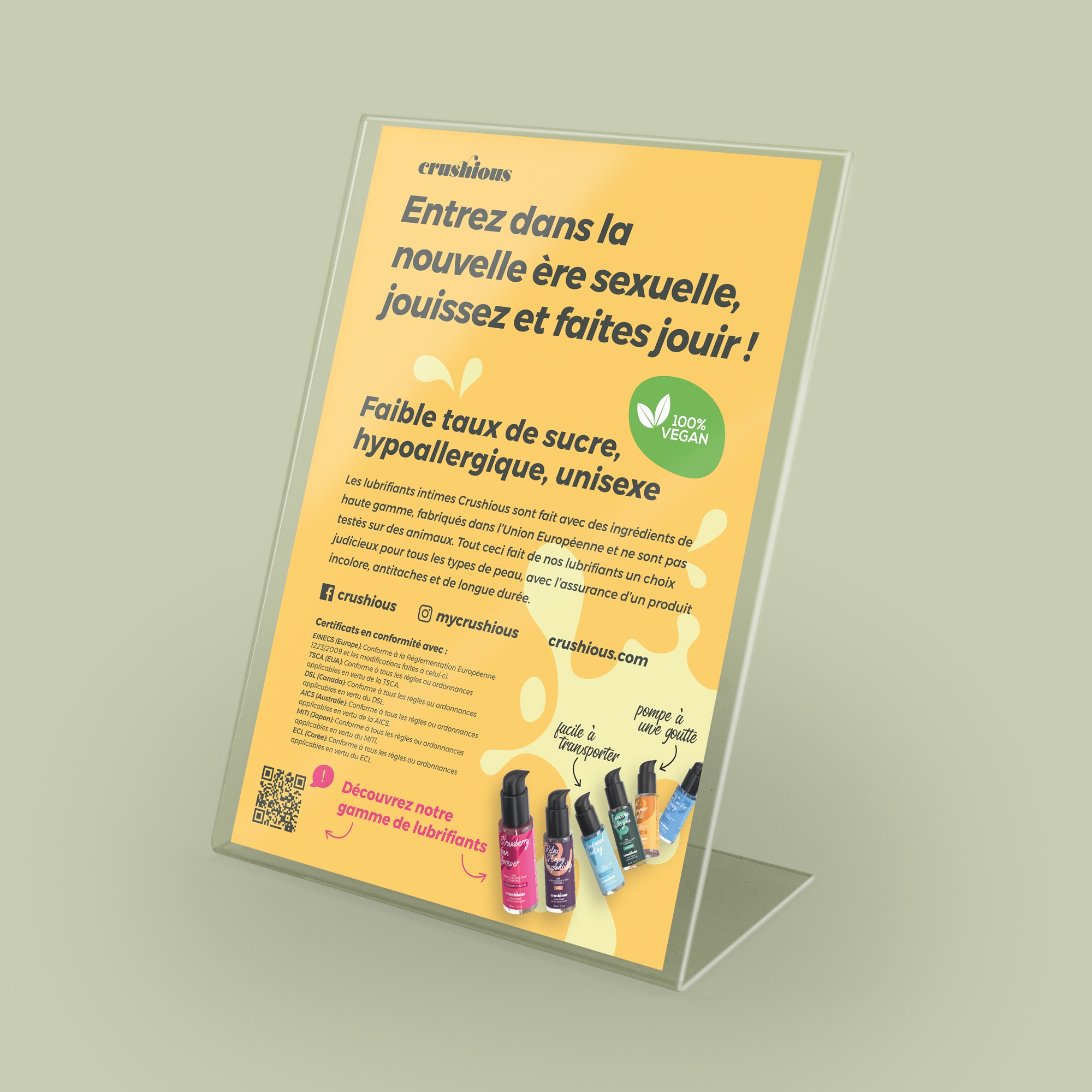 EXPOSITOR ROTATIVO CRUSHIOUS COM FLYER DE APRESENTAÇÃO LUBRIFICANTES FRANCÊS