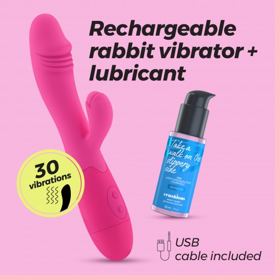 VIBRATORE RICARICABILE CON STIMOLATORE CLITORIDEO HOT PINK BLOSSOMS E LUBRIFICANTE A BASE D&#039;ACQUA INCLUSO CRUSHIOUS