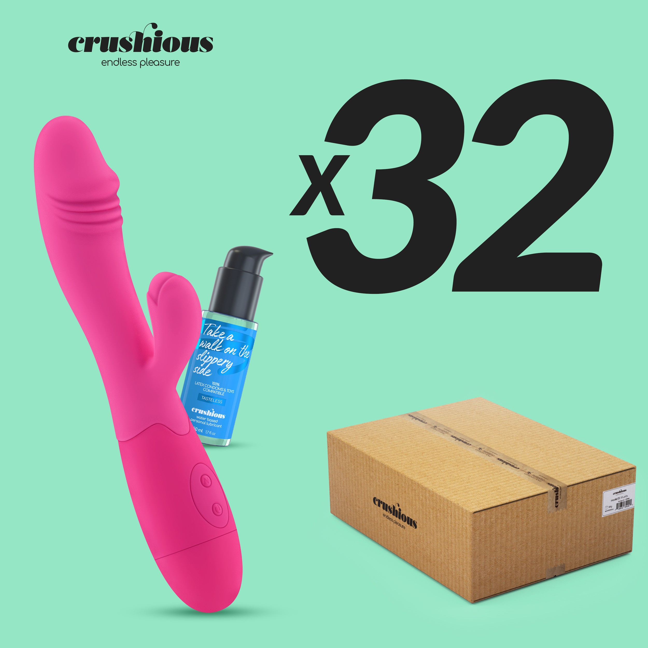 PACK OF 32 CRUSHIOUS BLOSSOMS RECHARGEABLE RABBIT VIBRATOR HOT PINK WITH WATERBASED LUBRICANT INCLUDED