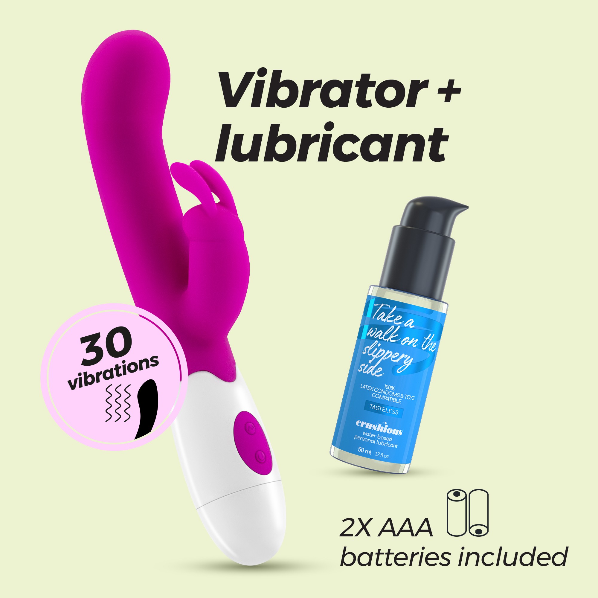 VIBRATORE CON STIMOLATORE CLITORIDEO JIGGLIE E LUBRIFICANTE A BASE D&#039;ACQUA INCLUSO CRUSHIOUS