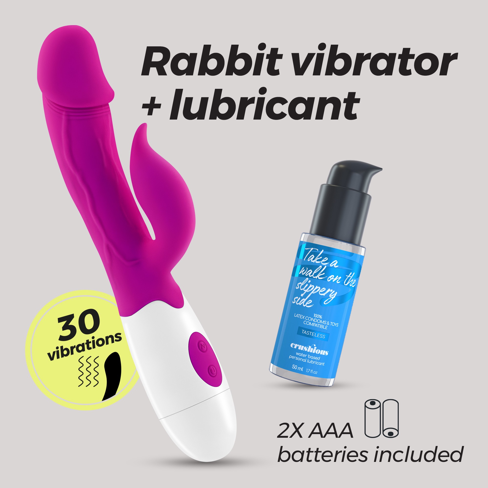 VIBRATORE CON STIMOLATORE CLITORIDE MOCHI VIOLA E LUBRIFICANTE A BASE D&#039;ACQUA INCLUSO CRUSHIOUS