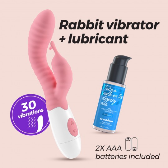 VIBRATORE CON STIMOLATORE CLITORIDE ROSA GUMMIE E LUBRIFICANTE A BASE D&#039;ACQUA INCLUSO CRUSHIOUS