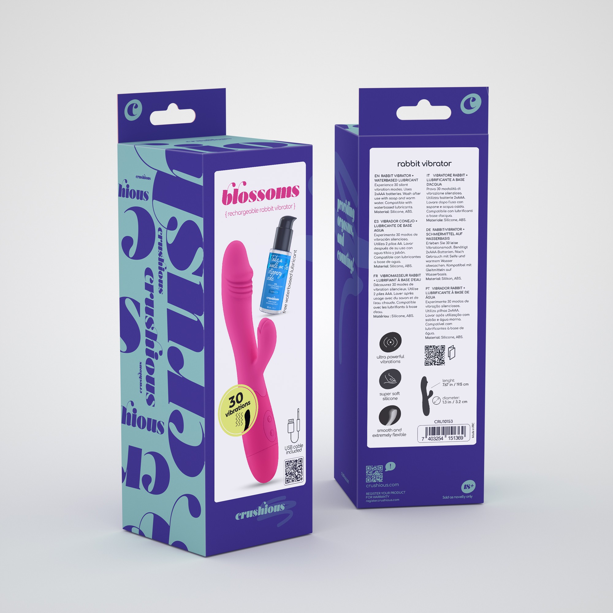 VIBRATORE RICARICABILE CON STIMOLATORE CLITORIDEO HOT PINK BLOSSOMS E LUBRIFICANTE A BASE D&#039;ACQUA INCLUSO CRUSHIOUS