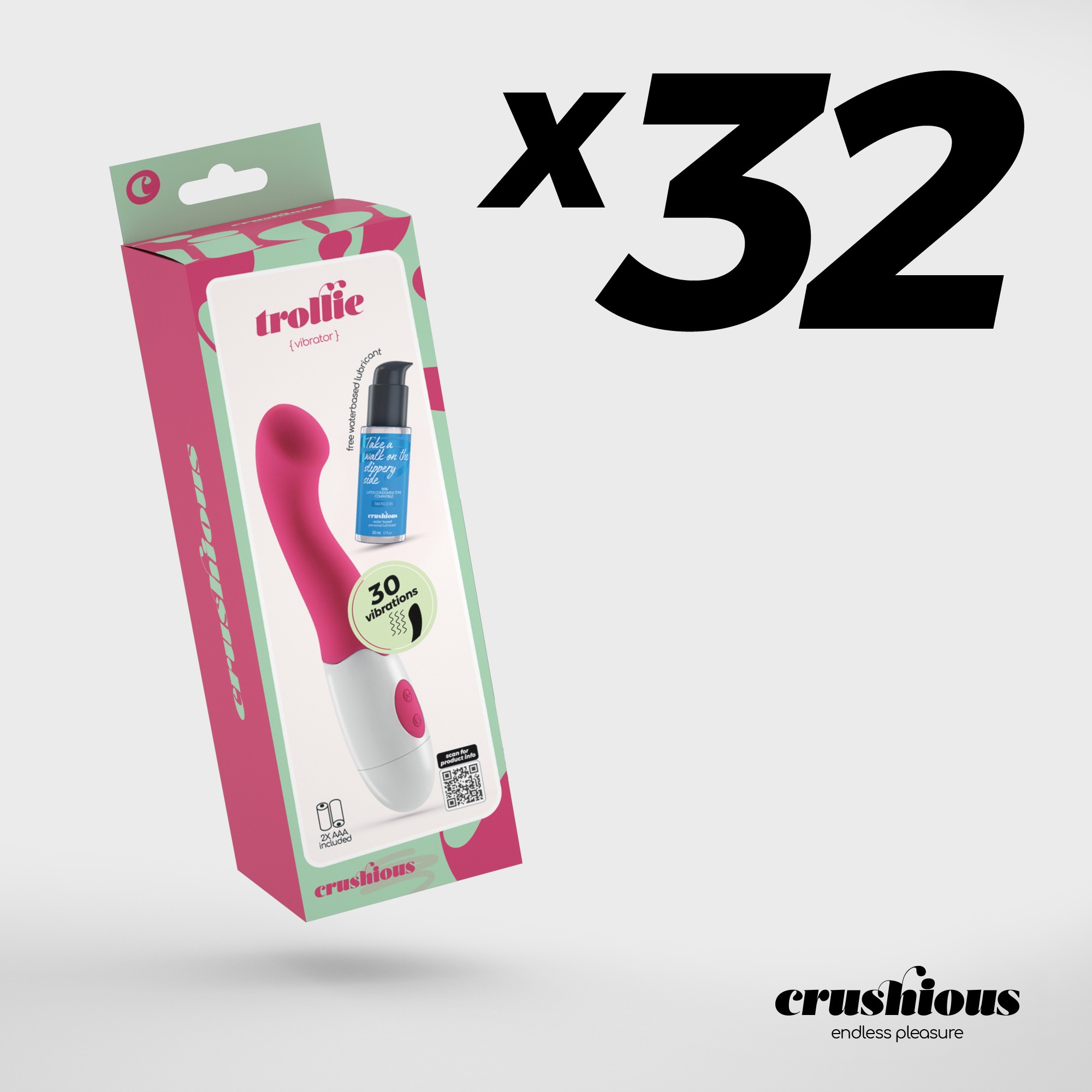 CONFEZIONE DA 32 VIBRATORE TROLLIE CON LUBRIFICANTE A BASE D&#039;ACQUA INCLUSO CRUSHIOUS