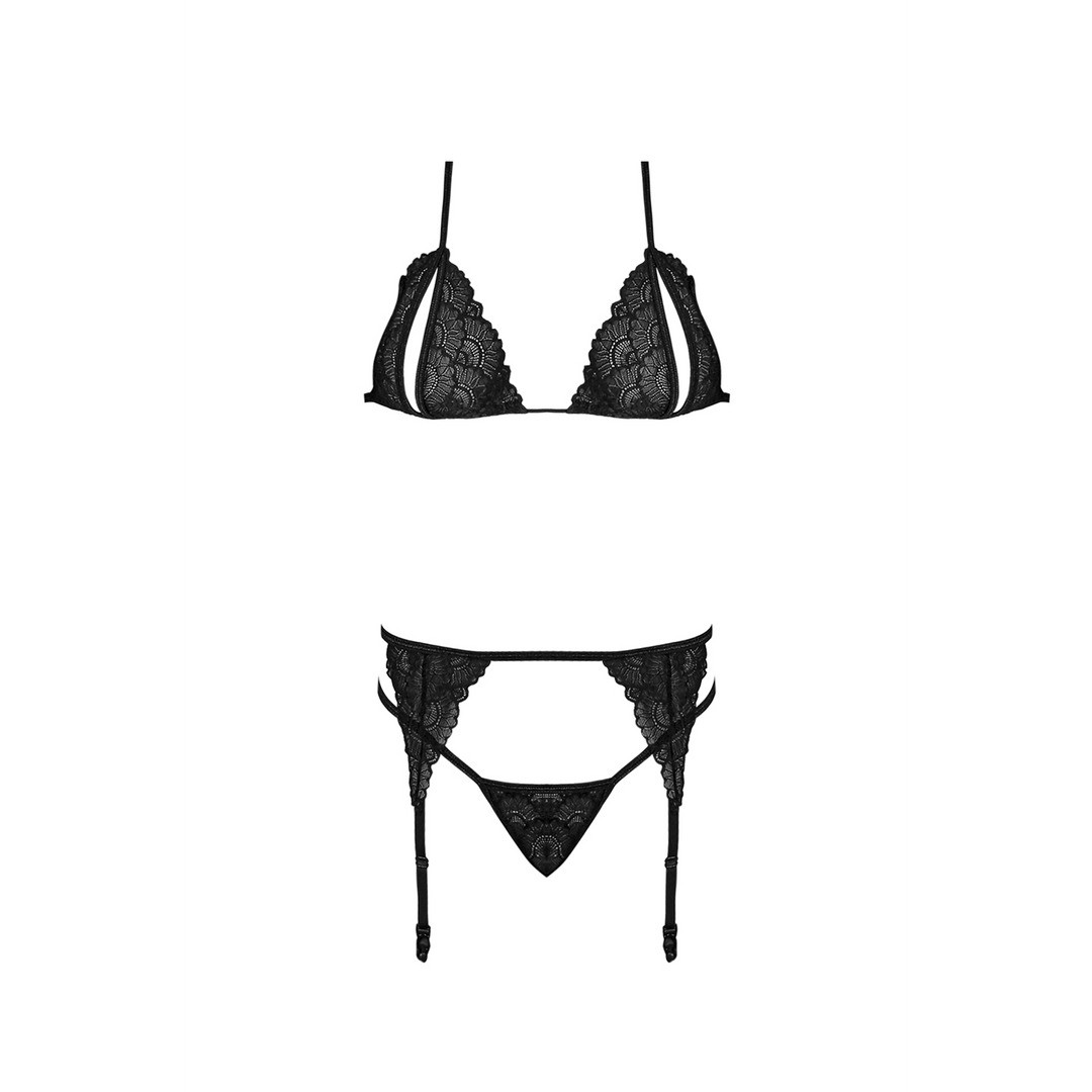 PEEK-A-BOO BRA, GARTER AND G-STRING SET - 2X - BLACK