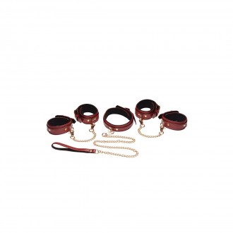 6-PIECE BURGUNDY BONDAGE SET WITH CUFFS, COLLAR AND BELT