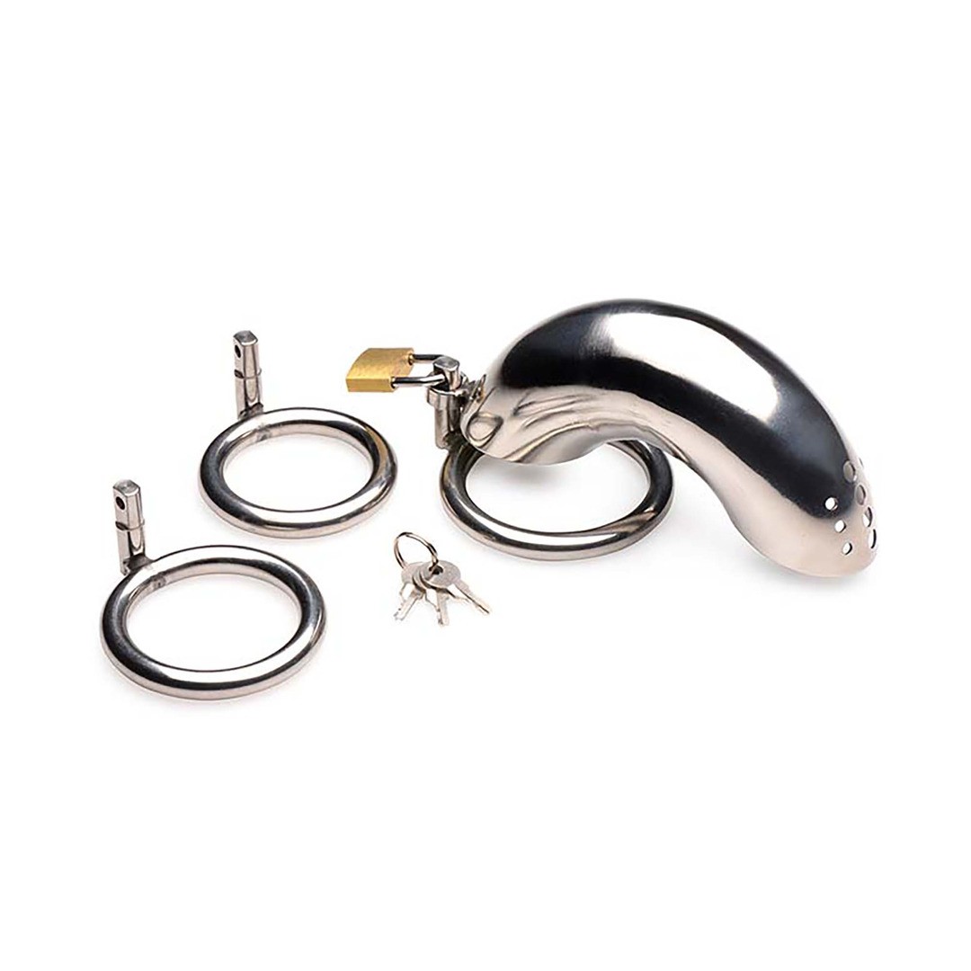 LOCKABLE STAINLESS STEEL CHASTITY CAGE WITH 3 RINGS