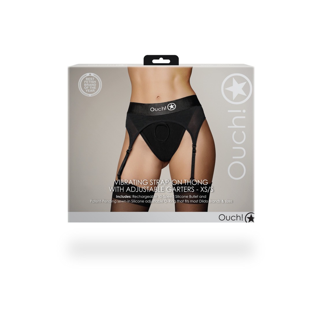 VIBRATING STRAP-ON THONG WITH ADJUSTABLE GARTERS - BLACK